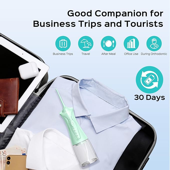 COSLUS Water Dental Flosser Pick for Teeth C30(FC5360): 4 Modes Cordless Portable 300ML Larger Tank Water Teeth Cleaner IPX7 Waterproof Flossing Cleaning Picks for Home Travel Green