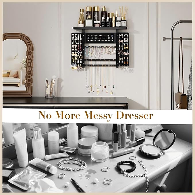 Emfogo Jewelry Organizer Hanging Wall Mounted Jewelry Holder, 5-in-1 Large Capacity Necklace Organizer Wall Display for Ring, Necklaces, Bracelets, Earrings(Black)