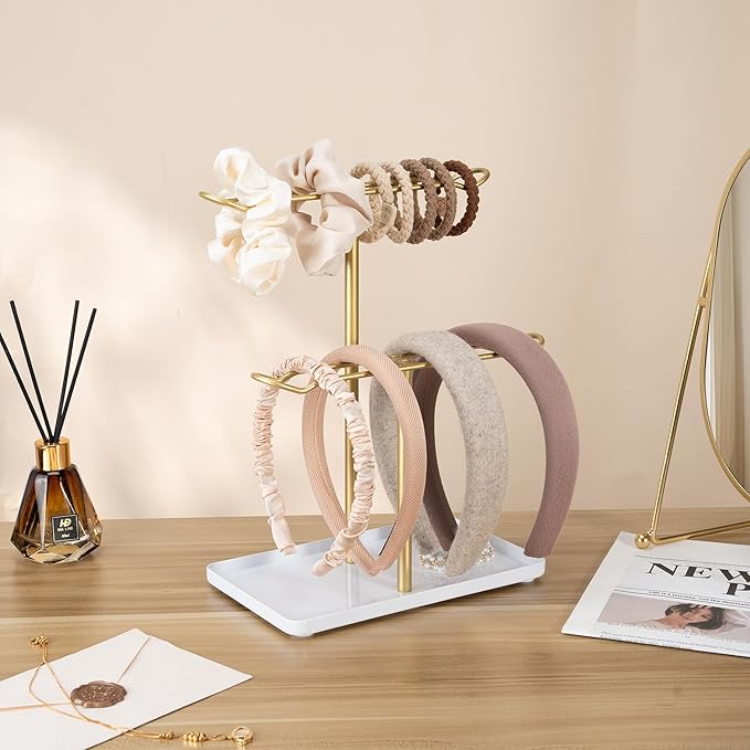 Headband Holder Organizer for Hair Accessories: Headband Storage Vanity Hair Clip Organizer, Two-Tier Stand with Storage Tray for Girls Women, Jewelry Necklace Rack for Vanity, Bathroom, Gold