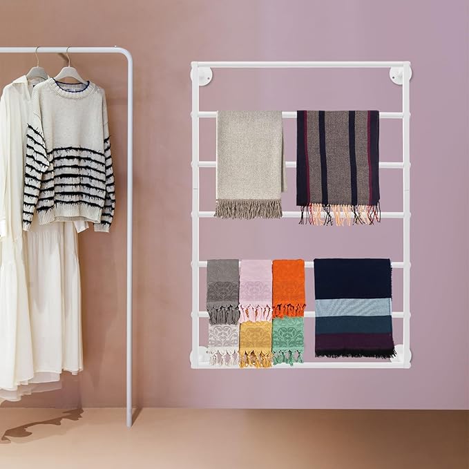 Wall Mounted Scarf Rack, 7-Tier Scarf and Tie Display Rack, White Hijab Hanger, Metal Wrapping Paper Storage Organizer for Accessory Stores, Bedrooms, Bathrooms