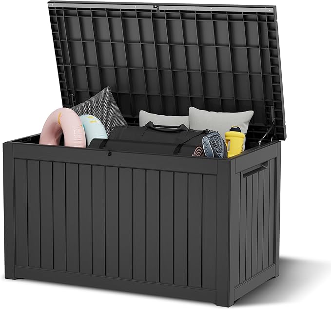 240 Gallon Outdoor Storage Box, Resin Deck Boxes Outdoor Waterproof For Patio Furniture, Garden Tools, Pool Supplies, Lockable And UV Resistant (Striped Black)