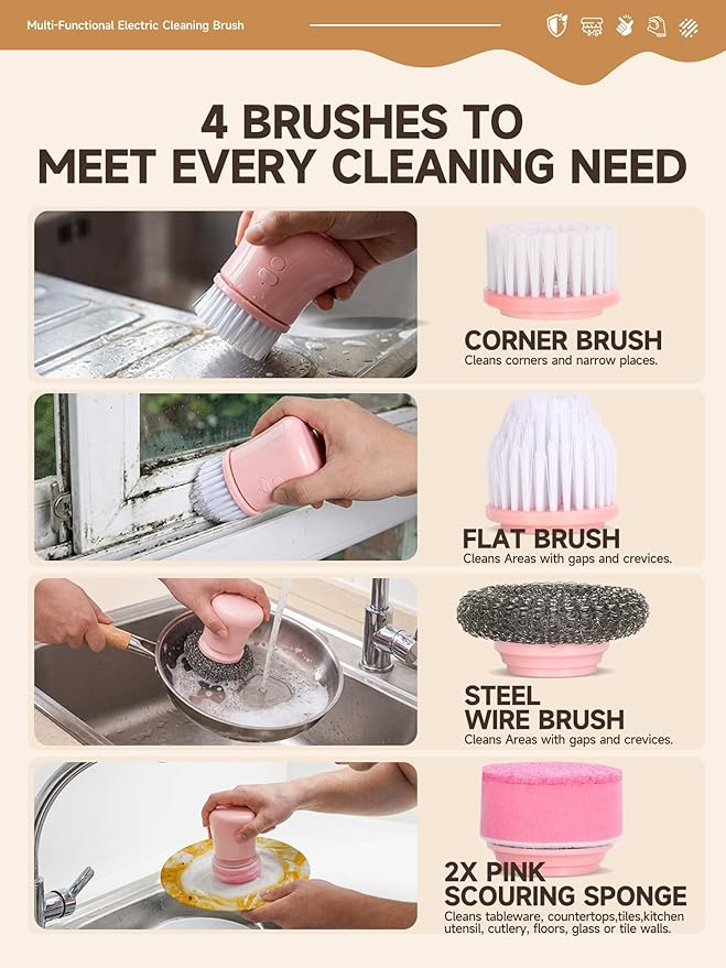Electric Dish Washing Brush, Small Handheld Power Scrubber, Pink Cordless Cleaning Brushes kit, Gift for Woman, for Kitchen cleanup, Dishes/Plates/Sink, IP66 Waterproof Household Cleaning Supplies