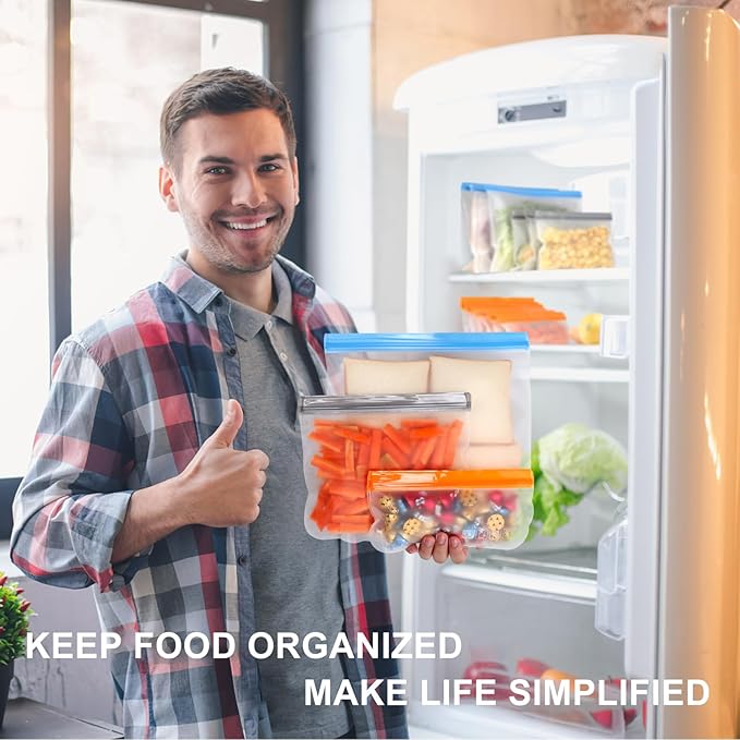 Lerine 28 Pack Dishwasher Safe Reusable Freezer Bags, Extra Thick Leakproof Reusable Food Storage Bags, BPA Free Kitchen Storage for Veggies Food Travel (Multicolor, 10 Gallon 10 Sandwich 8 Snack)