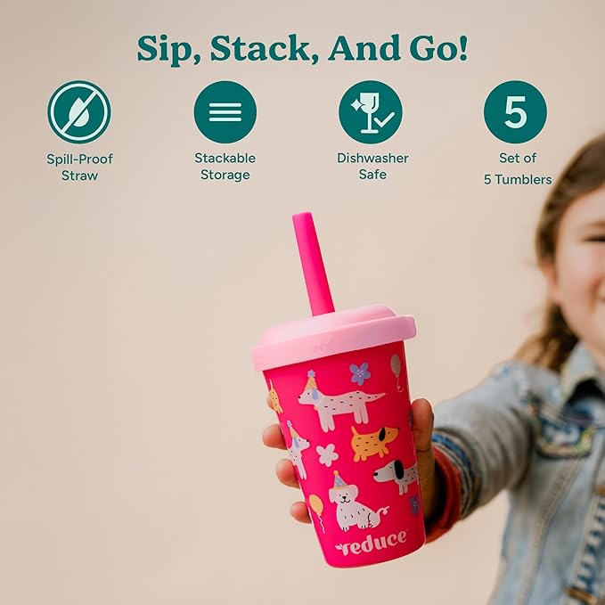 REDUCE GoGo's Kids Portable Tumbler Cups with Lids and Spill-Proof Straws - 5 Pack of Stackable 12 oz Tumblers with Twist-On Lids - Easy Storage, Dishwasher Safe - Scavenger Boy Set