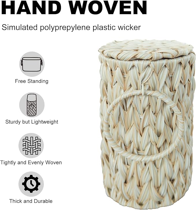 Toilet Paper Basket,Wicker Toilet Paper Storage with Lid,Decorative Boho Wicker Basket for Bathroom,Free Standing-Cream White