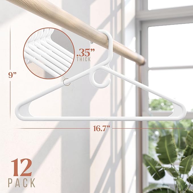 NEATERIZE Ultra Heavy Duty Plastic Clothes Hangers - White - Durable Coat, Suit and Clothes Hanger. Perchas De Ropa (12 Pack - White)