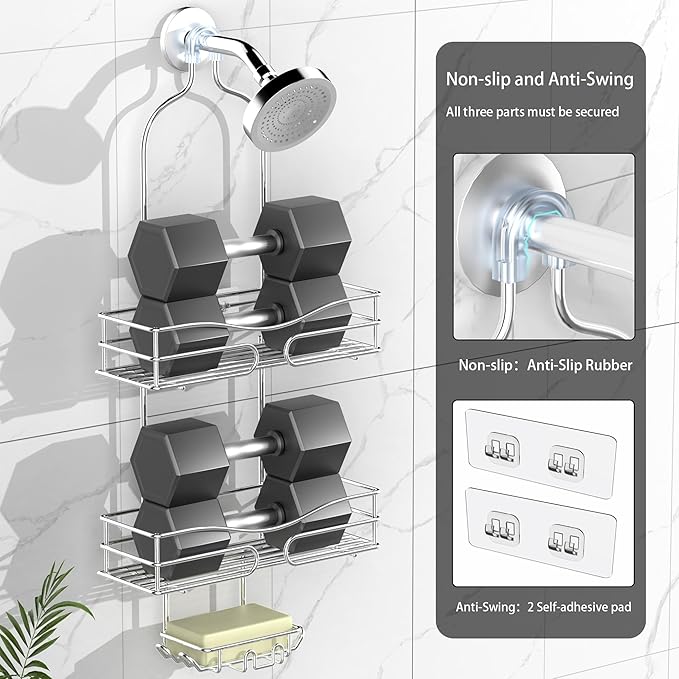 Shower Caddy - Organizer with 6 Hooks, Soap Basket & Self-Adhesive Pad, Silver