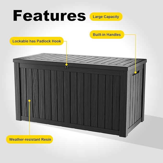 180 Gallon Resin Deck Box, Lockable Weatherproof Outdoor Storage Box for Furniture, Garden Tools and Tools Storage, Waterproof Outside Storage Boxes - Black