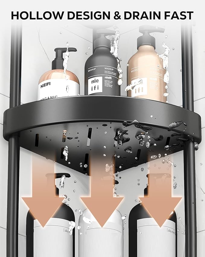 Nieifi Corner Shower Caddy Stand-3 Tier Rustproof Anodized Aluminum Standing Shower Organizer-Shower Caddy Corner-Dual Stability to Anti-Shaking-Height-Adjustable Legs for Uneven Surfaces-Black