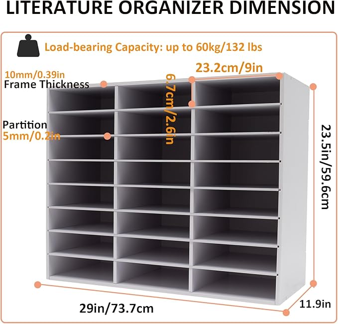 LOYALHEARTDY Literature Organizer, 24 Compartments Paper Storage Cabinet Mail Organizer, 29X 11.9 X 23.5 Inch Desktop File Sorter Mail Center Mailbox School Classroom Keepers for Home&Office, White