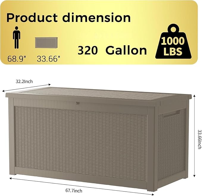 Outdoor Storage Box, 320 Gallon Lockable Resin Deck Box Large Waterproof, Patio Storage Bin for Furniture Cushion, Garden Tools and Pool Accessories, UV-Resistant Bench Cabinet for Outside, Gray
