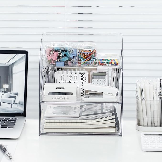 FABROK 3-Layer Desk Organizer with Drawer, Clear Office Supplies and Desk Accessories Organizer with Handle, Desktop Organizer and Storage for Stationery（Clear）