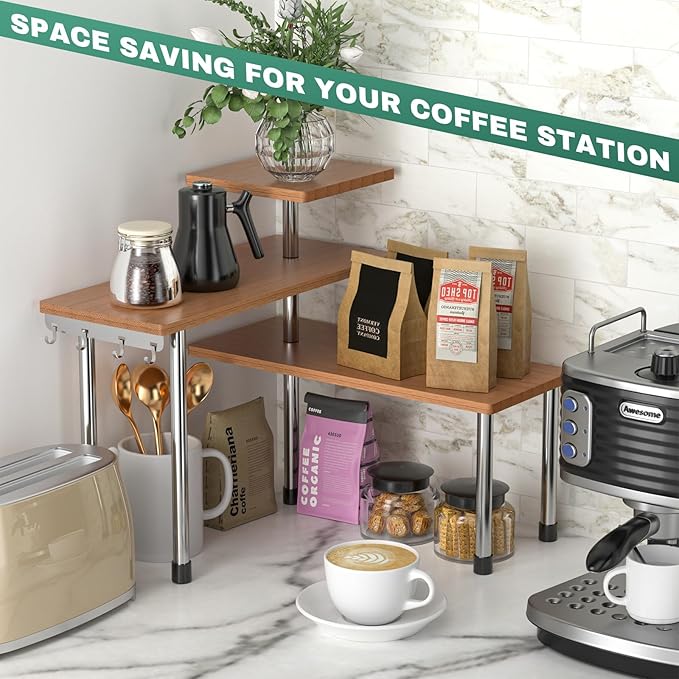 ZHWS Bathroom Counter Organizer Corner Countertop Shelf Adjustable 3 Tier Corner Shelf Kitchen Counter Organizer with 4 Metal Hooks for Bathroom Counter, Makeups, Dresser Table, Over Sink