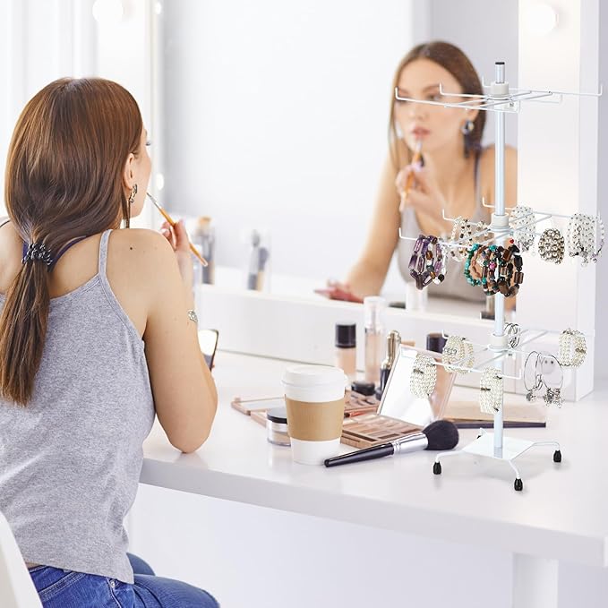 2 Pcs Jewelry Rotating Display Stand Adjustable Metal Earrings Bracelet Display Rack Hanging Jewelry Spinning Organizer Tree with Hooks for Vendor Events Selling(3 Tier,White)
