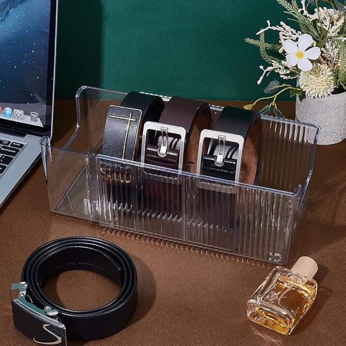 UNICRAFTALE Stretchable Belt Organizer PET Belt Storage Holder Display Case with 5 Compartments Clear Containers Storage Holder for Watches Tie Jewelry and Accessories for Closet 9.25"x5.3"x4.33"
