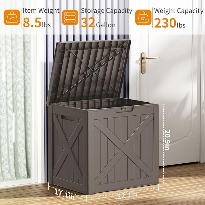 32 Gallon Waterproof Resin Deck Box, UV Resistant Outdoor Storage for Garden, Patio, Porch, Delivery（Gray，32 Gallon）