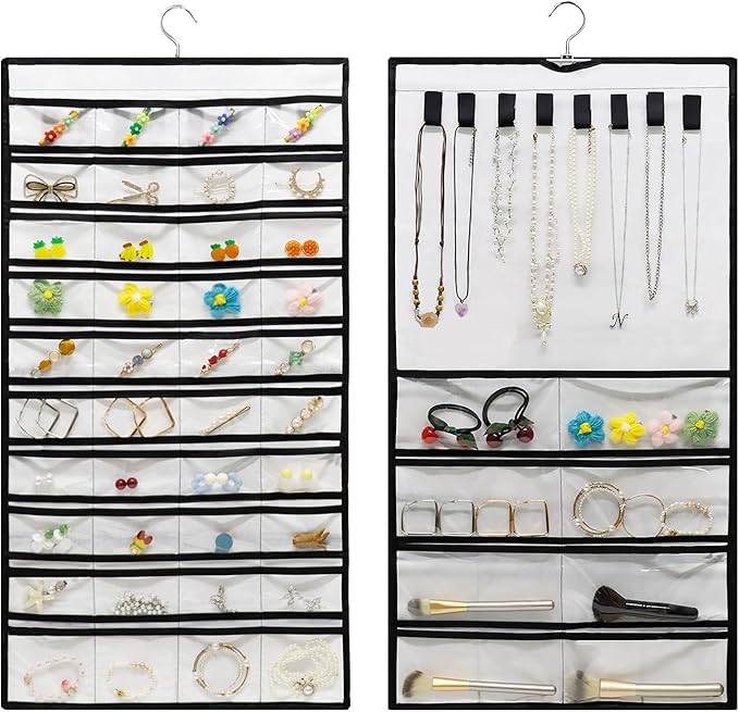 Muka Hanging Jewelry Organizer, Double Sided Foldable 48 Pockets Closet Jewelry Organizer Storage with Hanger, White