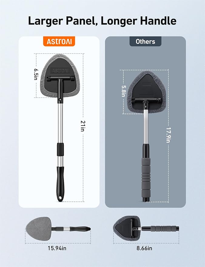 AstroAI Windshield Cleaning Tool, Car Window Cleaner Windshield Cleaner with 8 Reusable and Washable Microfiber Pads and Extendable Handle Auto Inside Glass Wiper Kit, Gray, 2 Pack