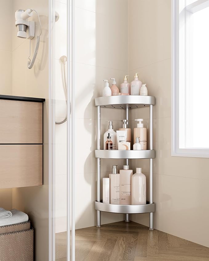 Nieifi Corner Shower Caddy Stand-3 Tier Rustproof Anodized Aluminum Standing Shower Organizer-Shower Caddy Corner-Dual Stability to Anti-Shaking-Height-Adjustable Legs for Uneven Surfaces-Silver