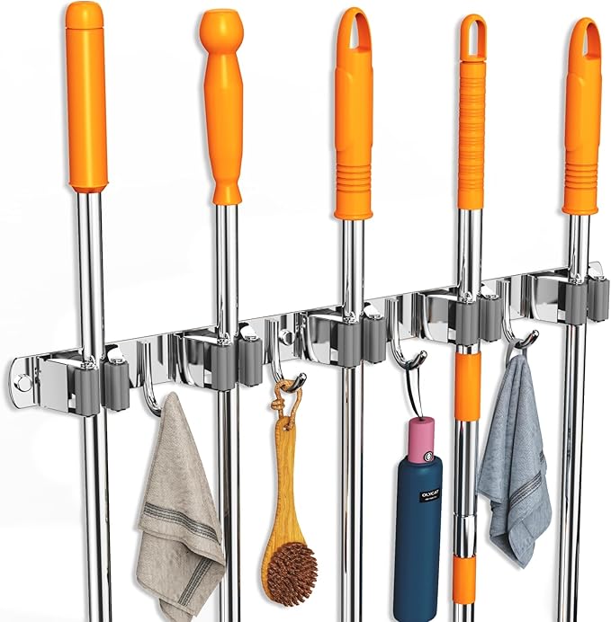 2 Pack Mop and Broom Holder Wall Mount, Non-slip Broom Hanger Wall Mount, Heavy Duty Mop Broom Organizer for Kitchen Garden Garage Laundry Room Wall Decor Organization and Storage Silver 5R4H