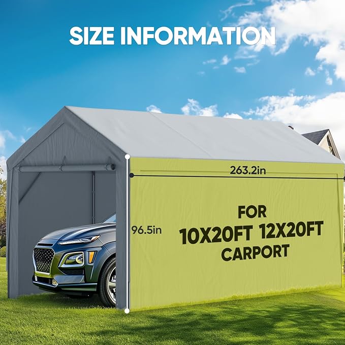 ADVANCE OUTDOOR Replacement Sidewall Tarp for 10/12x20 ft Carport Canopy, Heavy-Duty Waterproof & UV Protected, Easy Installation with Ball Bungees, Sliver Gray, One Sidewall Only