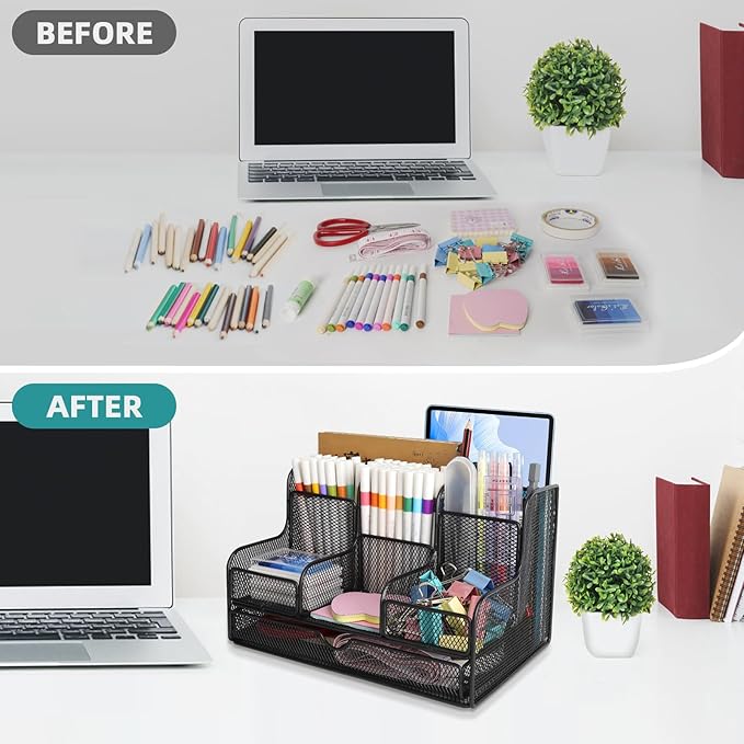 Black Mesh Desk Organizer Caddy and Accessories with 7 Compartments, Mesh Multifunctional Desktop Accessories Organizers Office Supplies Desktop Organizer for Home, Office