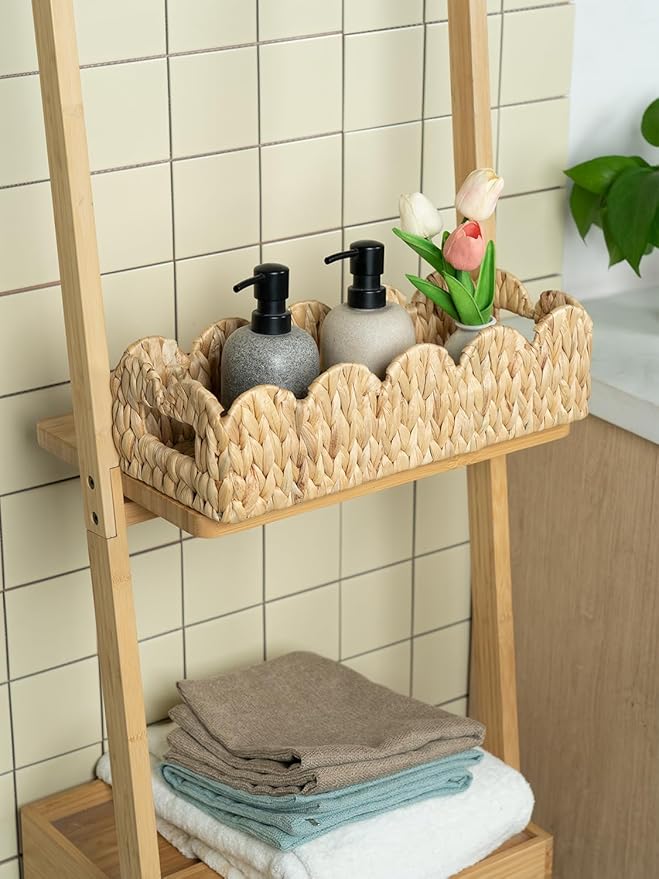 Toilet Tank Basket for Bathroom,Scalloped Edge Wicker Basket for Toilet Paper Storage,Small Baskets for Countertop,Shelves,Living Room,Bedroom,Both Organizer&Decor,Natural Water Hyacinth