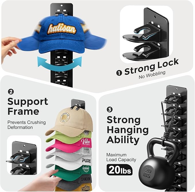 2 Pack Hat Organizer for Baseball Caps, Detachable DIY Hat Rack for Wall Hat Holder Hold up to 22 Hats, Baseball Cap Organizer Cap Holder Hat Hangers for Wall Closet Door Bedroom (C-Black)