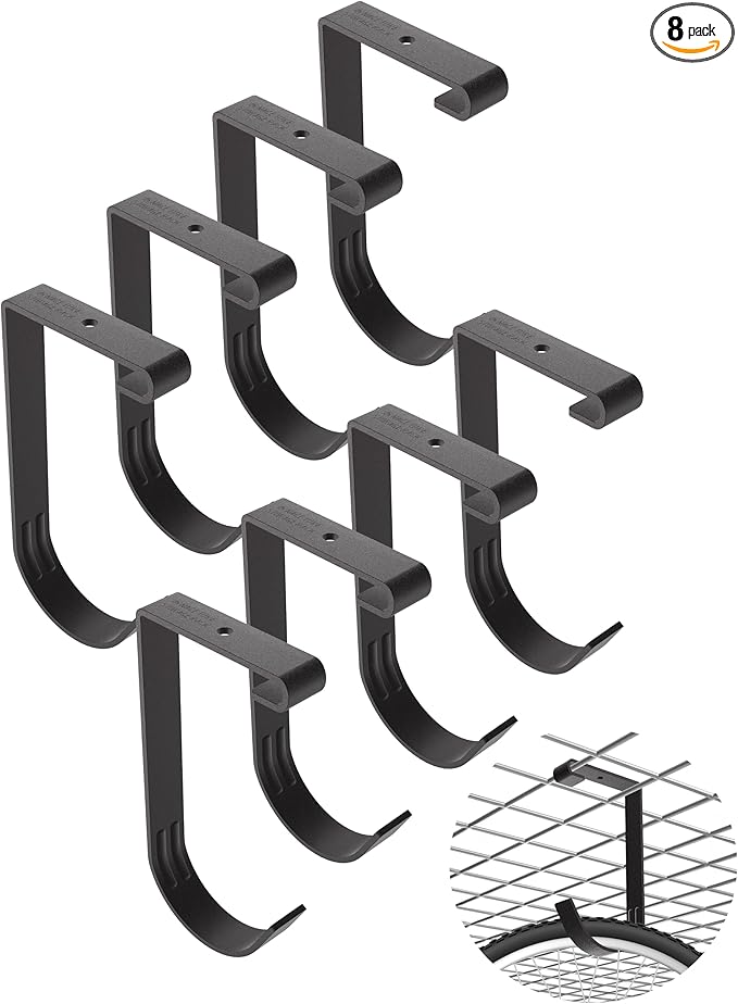 Bike Hooks for Garage Ceiling Mount Rack – Heavy Duty 4X8 Overhead Garage Storage Rack for Ceiling Hanging Bicycle Shelves, Add on Storage Flat Hooks Accessory and Wall Hanger (Flat Hook 8 Pack)