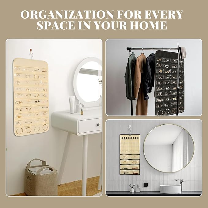 2 Pack Jewelry Hanging Organizer 48 Pocket with Hanger Hook, Double Sided Hanging Wall Jewelry Holder for Closet, Over Door Necklace Earring Storage Roll Bag for Women Ring Bracelet, Black