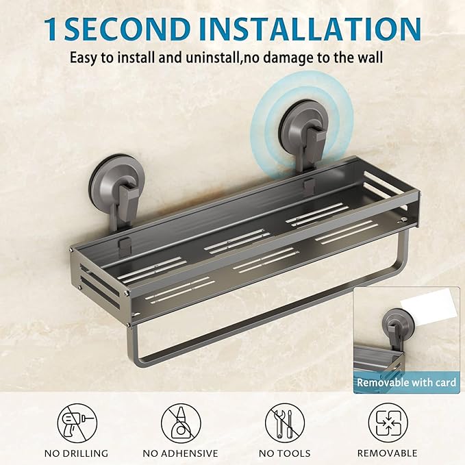 Onemake Shower Caddy Suction Cup, 1 Pack 15.7 inch Aluminum Suction Showers Organizer with Towel Bar & Hooks, Rustproof Shower Shelf for Inside Shower, NO-Drilling Bathroom Holder Storage Rack, Gray
