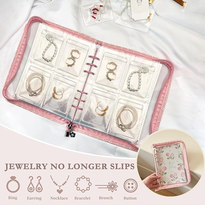 Jewelry Organizer Travel,Jewelry Storage Book with 45 Portable thick PVC pouches,Jewelry Organizer Zipper Bags for Necklaces Bracelet Rings and Earrings (front cover removable),Pink