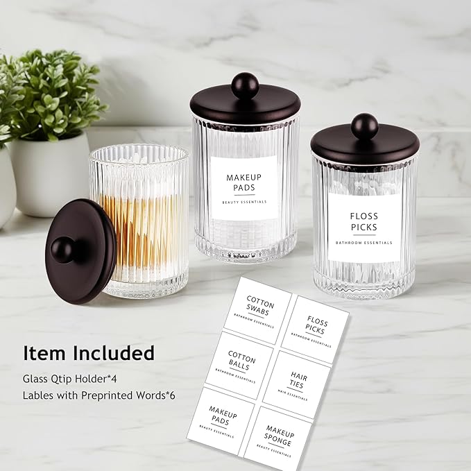 SheeChung 4-Pack Bronze Ribbed Glass Qtip Holder - Apothecary Jars Bathroom Organizer Set with Lids - Vanity Storage Canisters for Cotton Balls, Pads, Swabs, Floss Picks - Modern Farmhouse