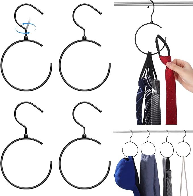 4 Pack Belt Hangers for Closet Rotatable Belt Ring Hook Tie Rack Holders Closet Hanger Organizer for Ties Scarves Baseball Cap Wardrobe Accessory Storage(Black)