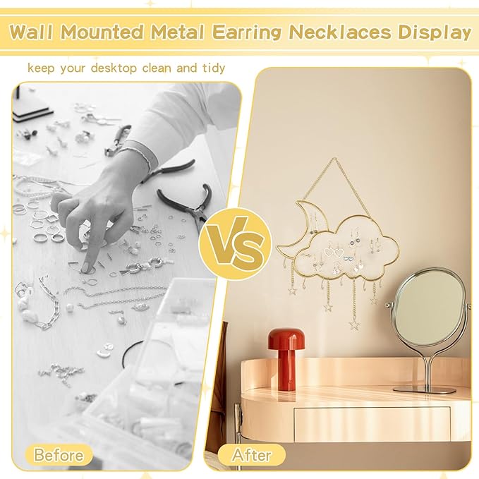 WCHOSOZH Hanging Earring Holder Organizer, Metal Wall Mounted Jewelry Holder with 6PCS Hanging Hooks, Moon Cloud Shape Necklace Display Rack and Storage for Earrings Necklace Bracelet (Gold)