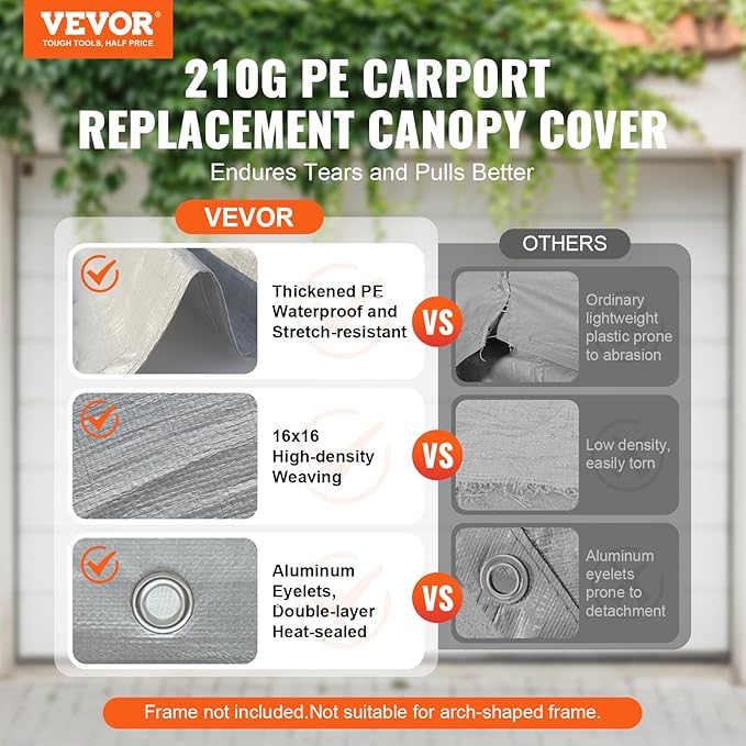VEVOR Carport Replacement Canopy Cover 12 x 20 ft, Garage Top Tent Shelter Tarp Heavy-Duty Waterproof & UV Protected, Easy Installation with Ball Bungees,Grey (Only Top Cover, Frame Not Include)