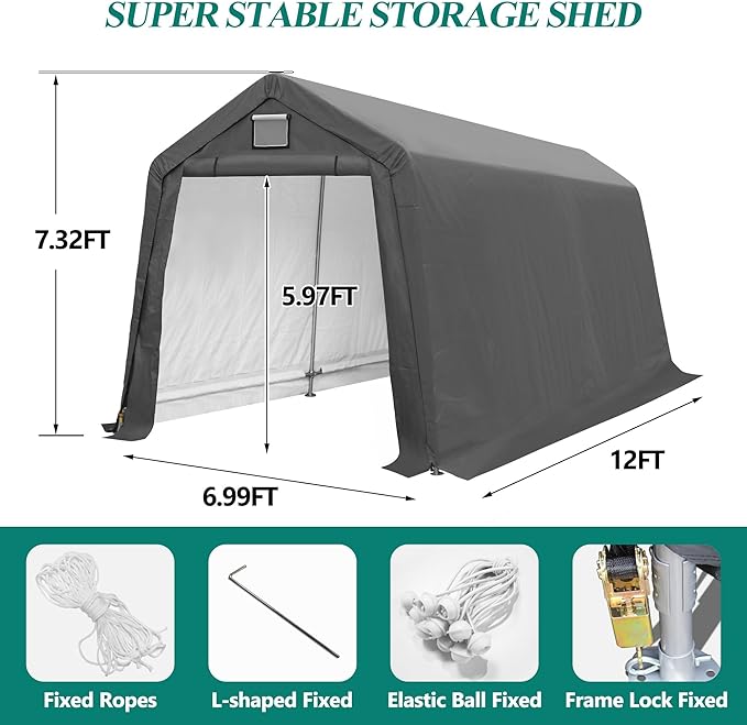 GARTOO 7' x 12' Outdoor Storage Shed- Heavy Duty Storage Shelter Tent with Roll-up Ventilated Door, Portable Garage Zipper Storage shed for Bike, ATV, Motorcycle Shelter, Gray