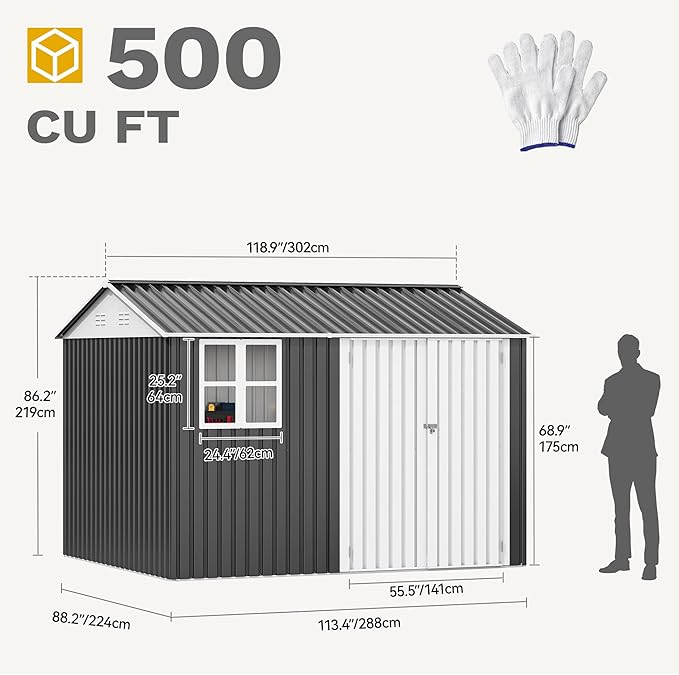 DWVO 10' x 8' Outdoor Storage Shed, Waterproof Metal Garden Shed with Windows, Lockable Doors, and Sloped Roof for Patio, Backyard, Lawn, Tool Storage, Bike Shed, Pet Shelter (Gray + White)