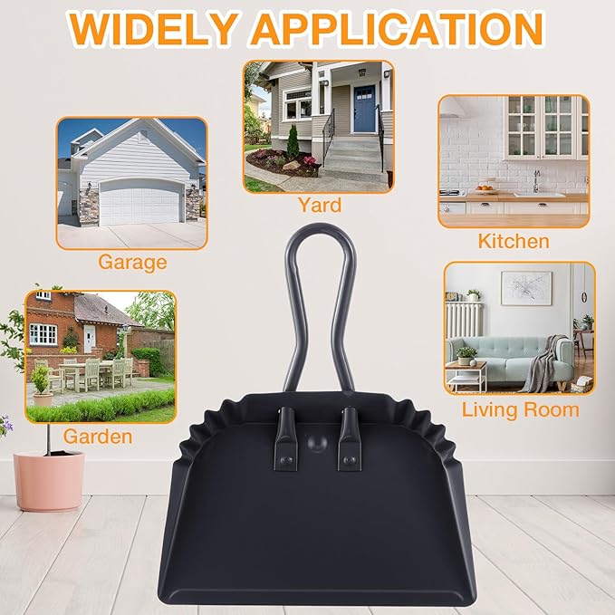 Mumufy 2 Pcs 12 Inch Heavy Duty Metal Dustpan, Stainless Steel Large Wide Dust Pans for Household, Handheld Scooper, Debris Cleaning Tool for Home Garage Studio Courtyard Indoor Outdoor(Black)