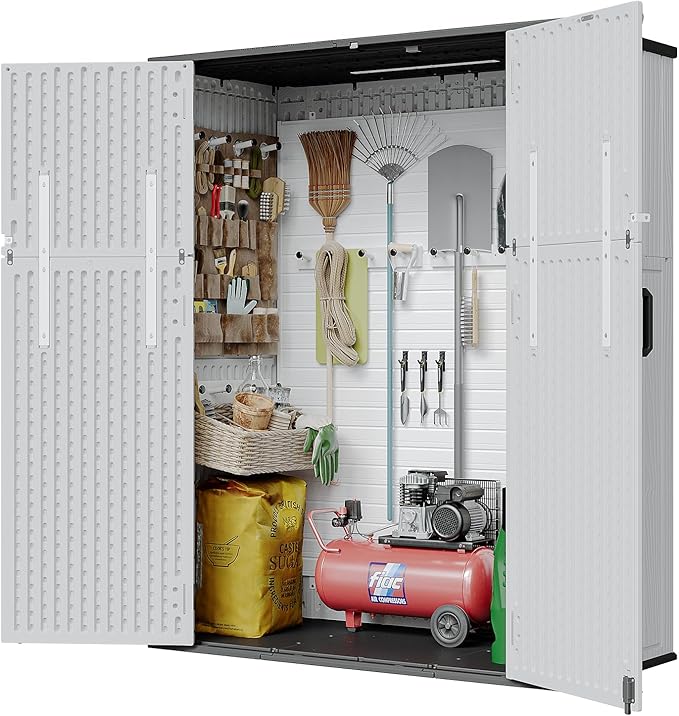 AOXUN Horizontal Storage Sheds 61 Cu.ft, HDPE Outdoor Storage Box 160 Gallon, Waterproof Lockable Resin Deck Box with Spring-Assisted Lid, Patio Storage for Garden, Pool, Cushions, Tools, White
