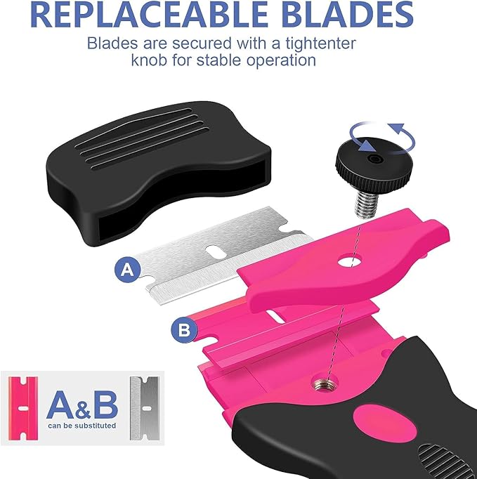 DEKEones Razor Blade Scraper, 2 Pack Double Edged Razor blade Scraper Tool with 30 Pcs Razor Blades, Glass Scraper for Windows, Decals, Tint, Stickers, Labels, Caulk, Adhesive（Pink）