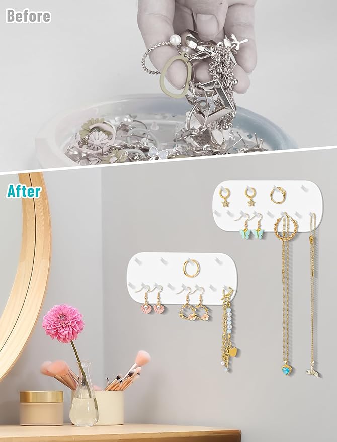 NiHome Wall Mounted Jewelry Organizer Set of 2 – 12 Hook Rounded Rectangle Design, No-Drill Installation – Premium PP Plastic, Moisture-Proof, Space-Saving Storage – 14CM x 6CM x 1.6CM White