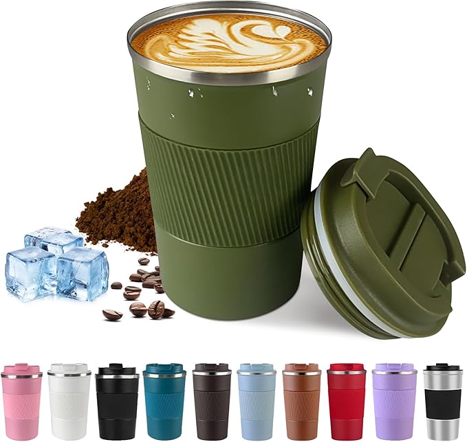 Vacuum-Insulated Stainless Steel Travel Coffee Mug, Leak-Proof Reusable Coffee Cup with Lid - Keep Hot & Cold Drinks for Hours, Durable Insulated Tumbler for Men & Women(3rd-Green, 17OZ)