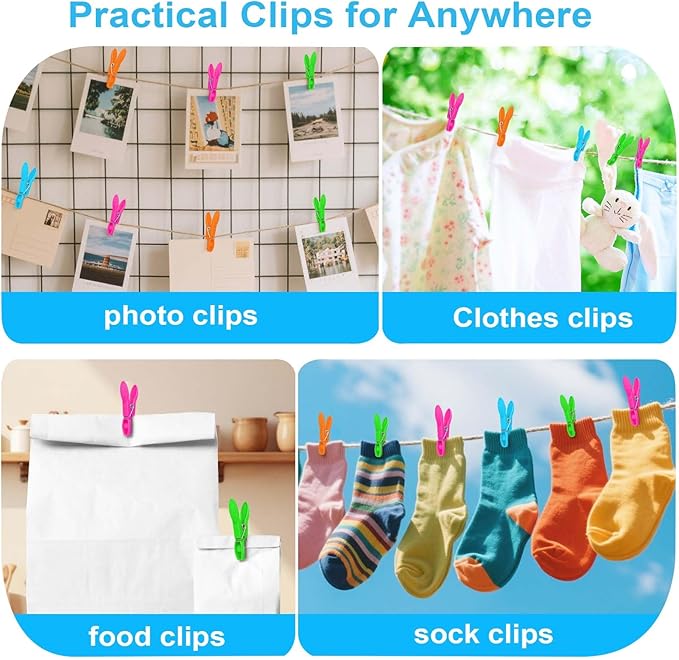 Colorful Plastic Clothespins, Heavy Duty Laundry Clothes Pins Clips Pegs, Drying Line Pegs Small Colored Clothes Pins for Outdoor, Clothesline Crafts Picture Clips Food Package Clips, 24 Packs