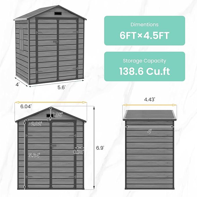 UDPATIO Outdoor Resin Storage Shed 6x4.5 FT, Plastic Garden Shed for Bike, Garbage Can, Tool, Outside Sheds with Lockable Door for Backyard, Patio, Lawn, Dark Grey