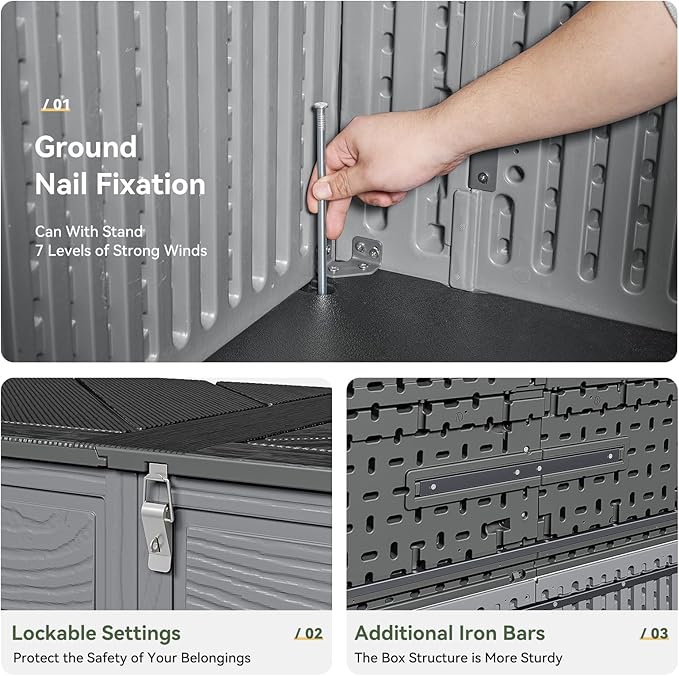 AOXUN Horizontal Storage Sheds 61 Cu.ft, HDPE Outdoor Storage Box 160 Gallon, Waterproof Lockable Resin Deck Box with Spring-Assisted Lid, Patio Storage for Garden, Pool, Cushions, Tools, Gray