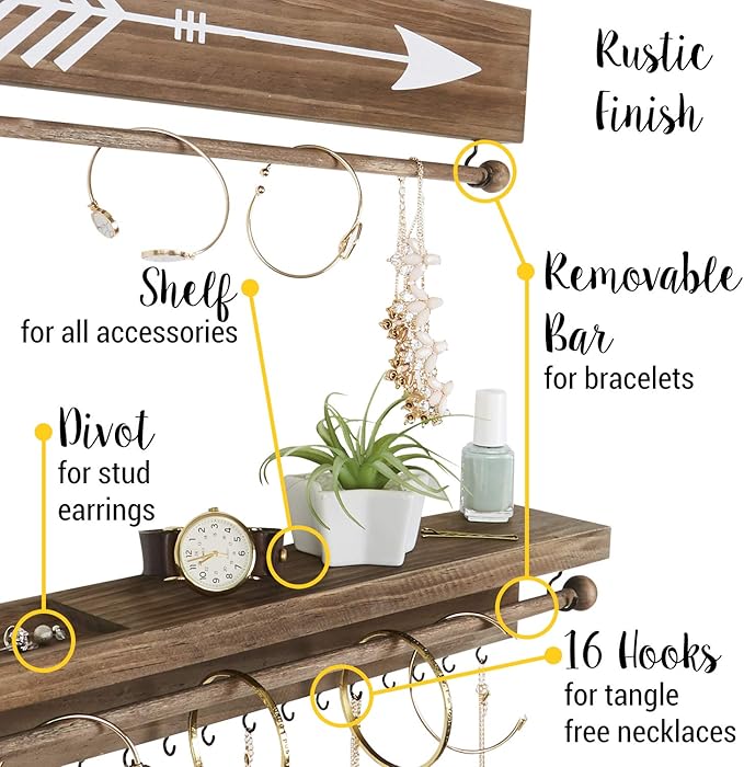Rustic Necklace and Jewelry Organizer - Hanging Wall Mount Display - Mounted Wooden Holder for Earrings, Necklaces, Bracelets, and Many Other Accessories (Two Piece, Rustic)