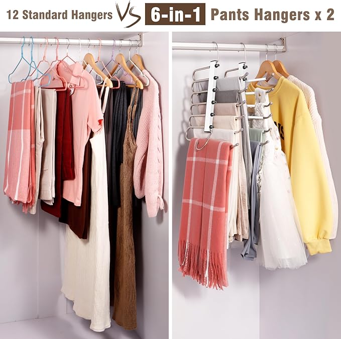 Space Saving 6 Tier Pant Hangers, Anti-Slip, Lightweight, Stainless Steel, 2 Pack, White