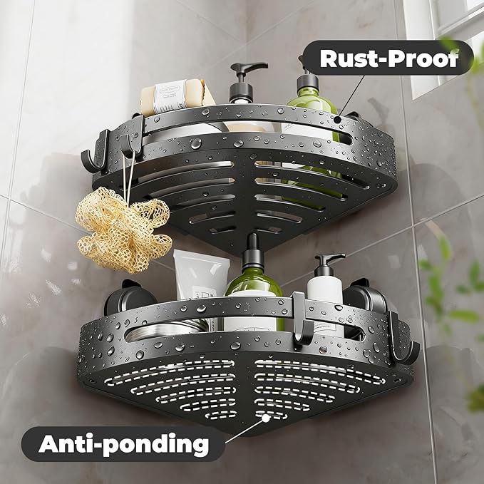 ONXE Corner Shower Caddy Suction Cup,Shower Shelves with Hooks,No Drilling Powerful Upgrade Suction Bathroom Corner Organizers and Storage,Removable Waterproof Rustproof Shower Shelf Bathroom Decor