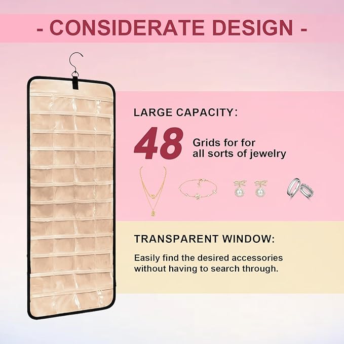 LAKSMI 2 PCS Double-Sided 360° Rotating Earring Organizer Hanging with Necklace Storage, 48 Pockets & 21 Hooks for Door Closet Wall